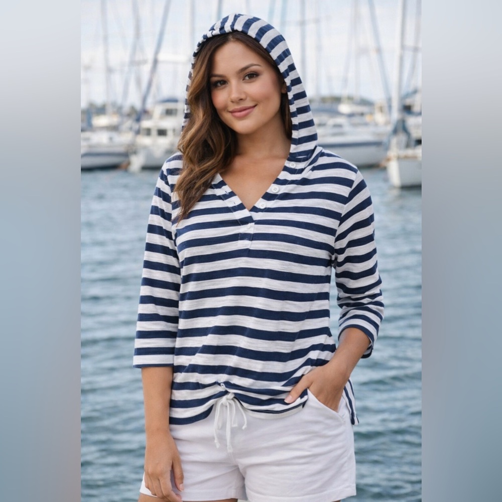 Onque - Casuals - Nauticsl, Hooded, Navy and White Striped Long Sleeve Top